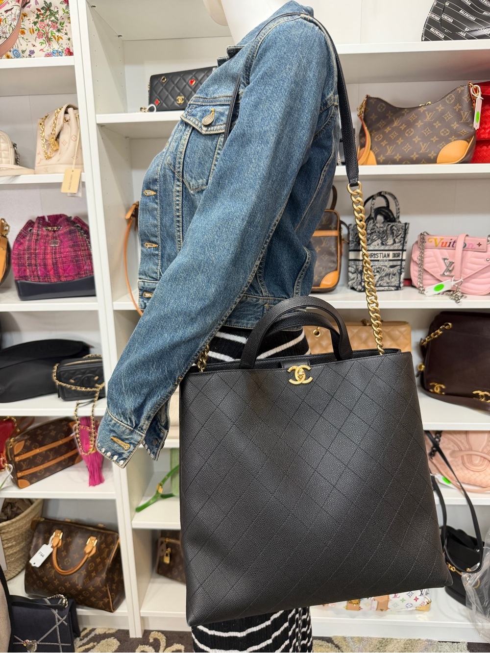 CHANEL Black Quilted Chic Affinity Tote Gold Chain Accent